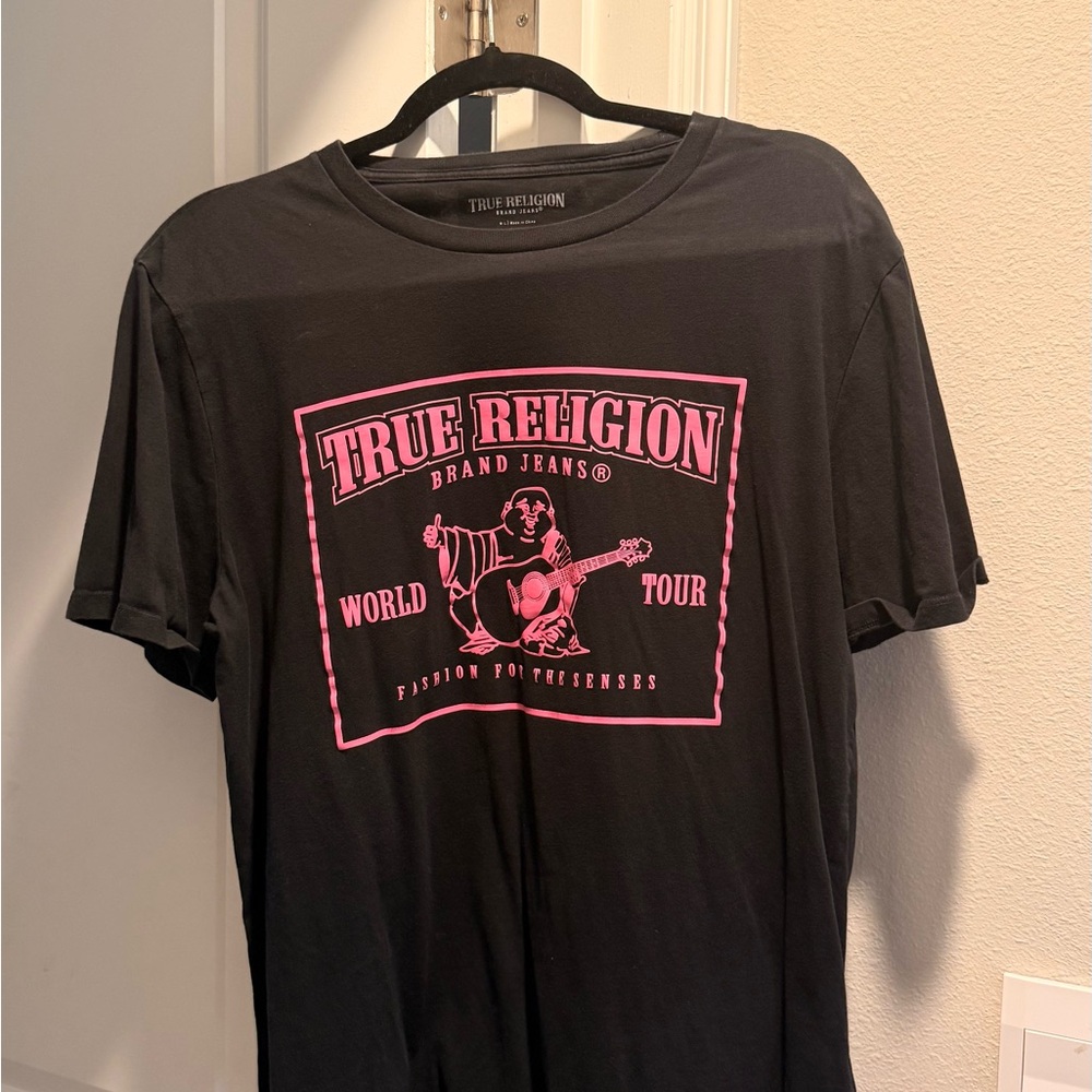 True Religion Black Short-Sleeve Tee with Pink Graphic Logo